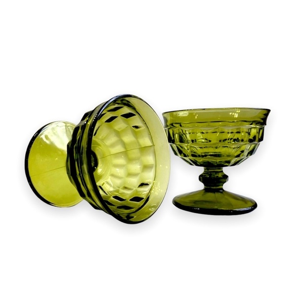 Set of 7 Avocado Green Indiana‎ Glass Whitehall Colony Cubist Footed Sherbet Lot